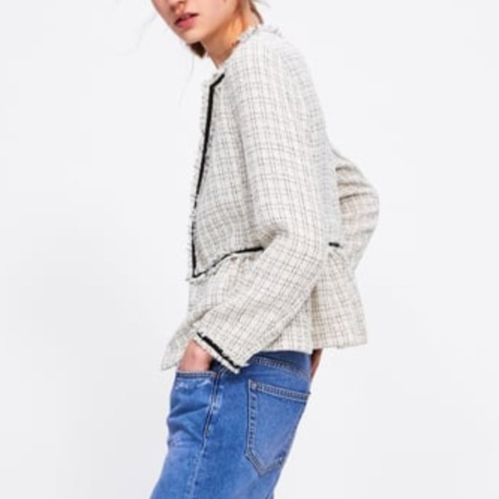 ZARA TEXTURED TWEED VELVET DETAIL BLAZER JACKET $79.90 - Picture 14 of 16